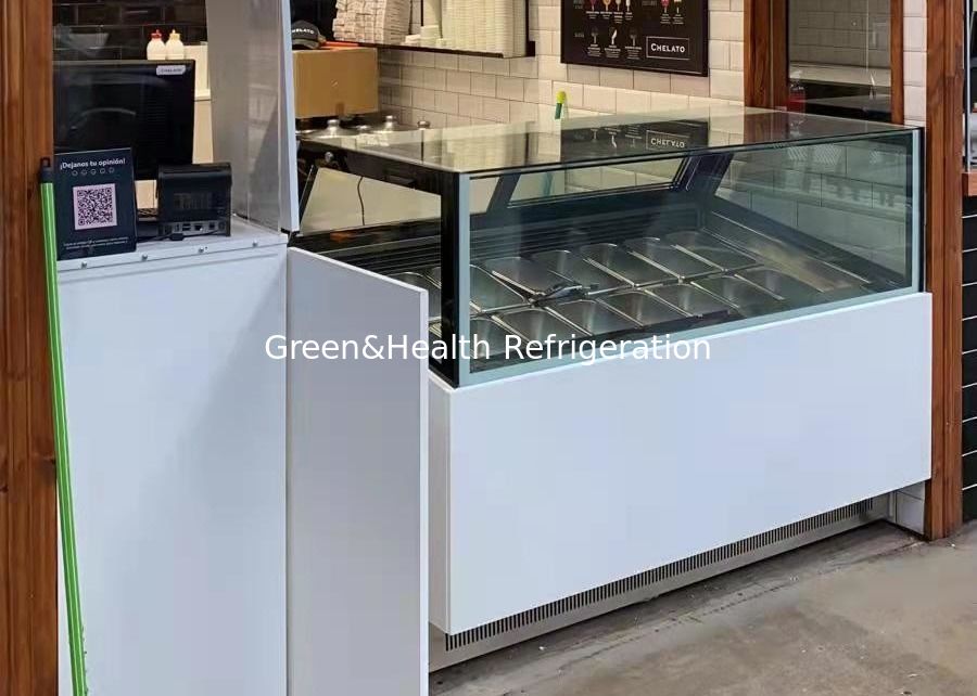 Congelador comercial con pantalla de helados con visibilidad panorámica de 360 ° Control de temperatura digital y cacerolas GN de acero inoxidable