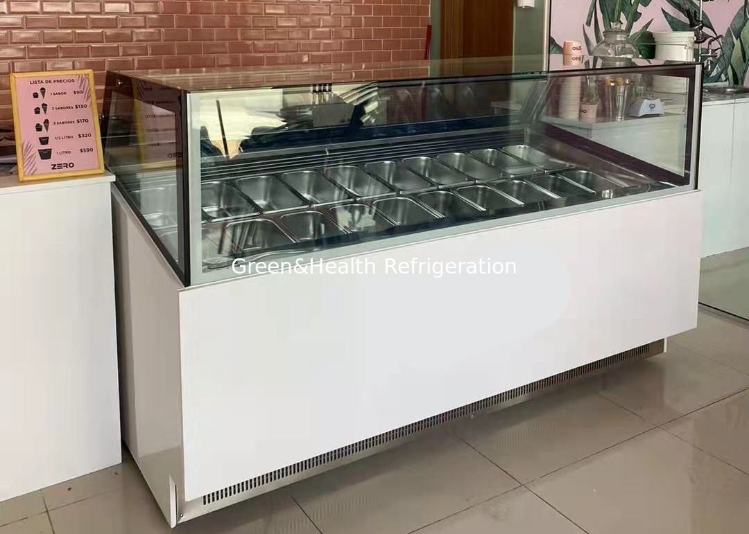 Congelador comercial con pantalla de helados con visibilidad panorámica de 360 ° Control de temperatura digital y cacerolas GN de acero inoxidable