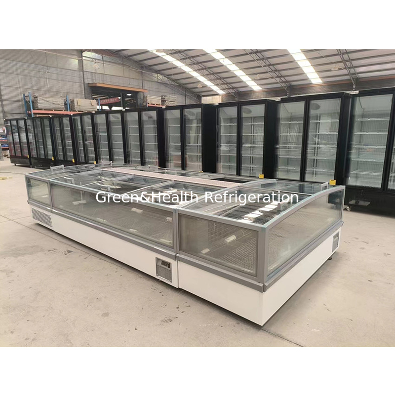 Cabinet de pantalla de vidrio de ventana grande Supermercado Island Freezer con aluminio en relieve interno