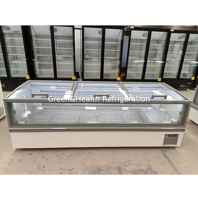 Cabinet de pantalla de vidrio de ventana grande Supermercado Island Freezer con aluminio en relieve interno
