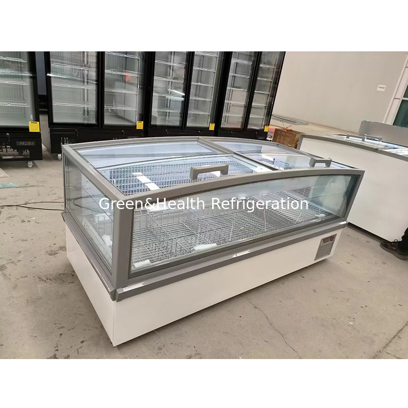 Cabinet de pantalla de vidrio de ventana grande Supermercado Island Freezer con aluminio en relieve interno
