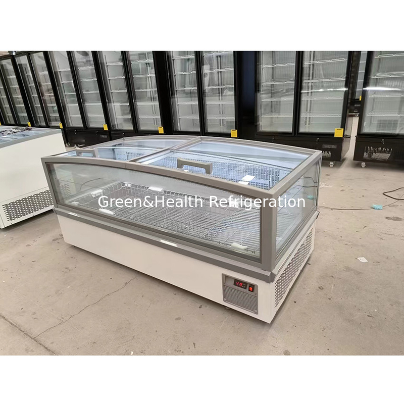 Cabinet de pantalla de vidrio de ventana grande Supermercado Island Freezer con aluminio en relieve interno
