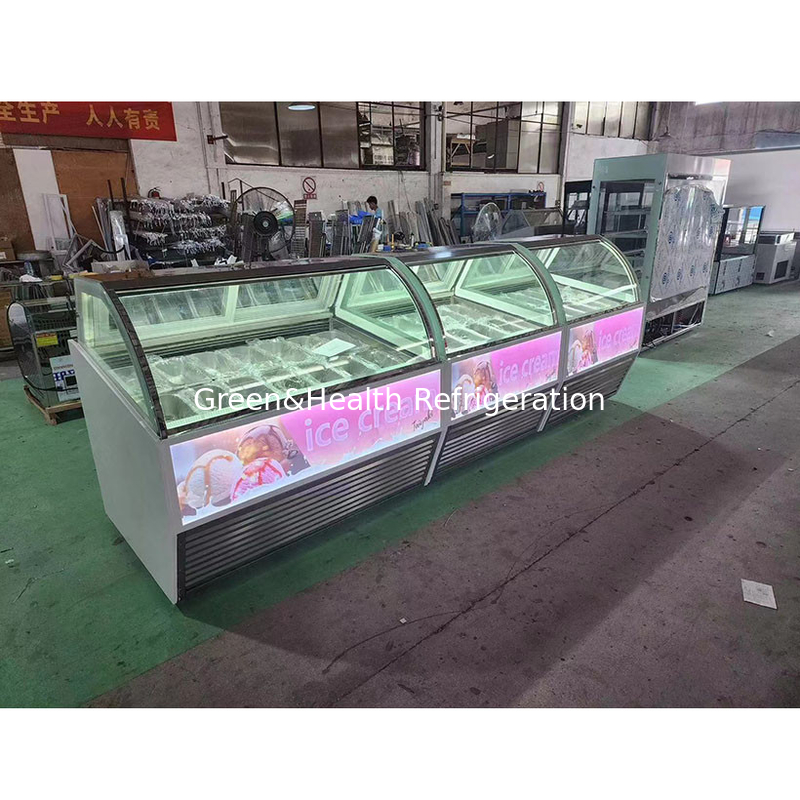 Vitrina de exhibición de helados de acero inoxidable con cantidad de sartén personalizada y puerta corredera