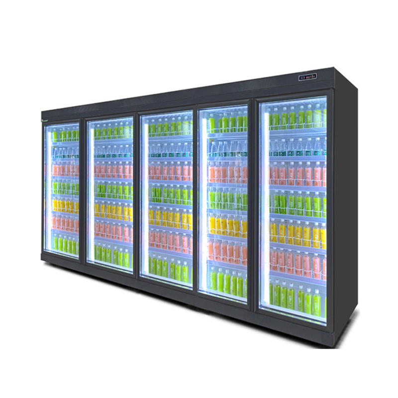 Refrigerador de bebidas de puerta de vidrio de estante ajustable para pantallas de almacenamiento en frío de supermercados