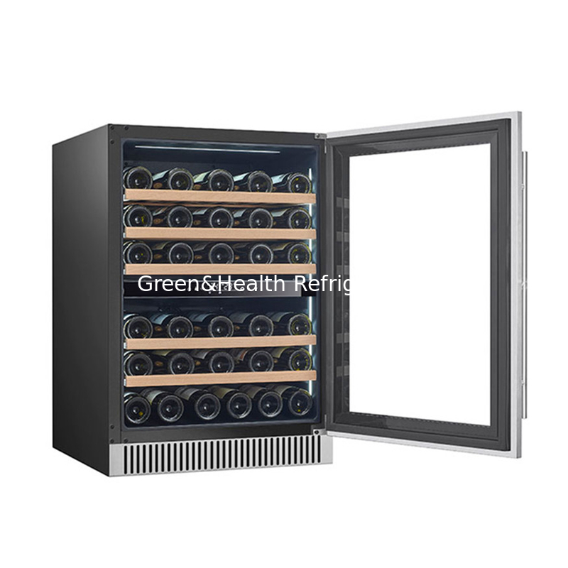 Refrigerador eléctrico de vino negro con estanterías de madera Refrigerador de pantalla de puerta de vidrio de doble zona