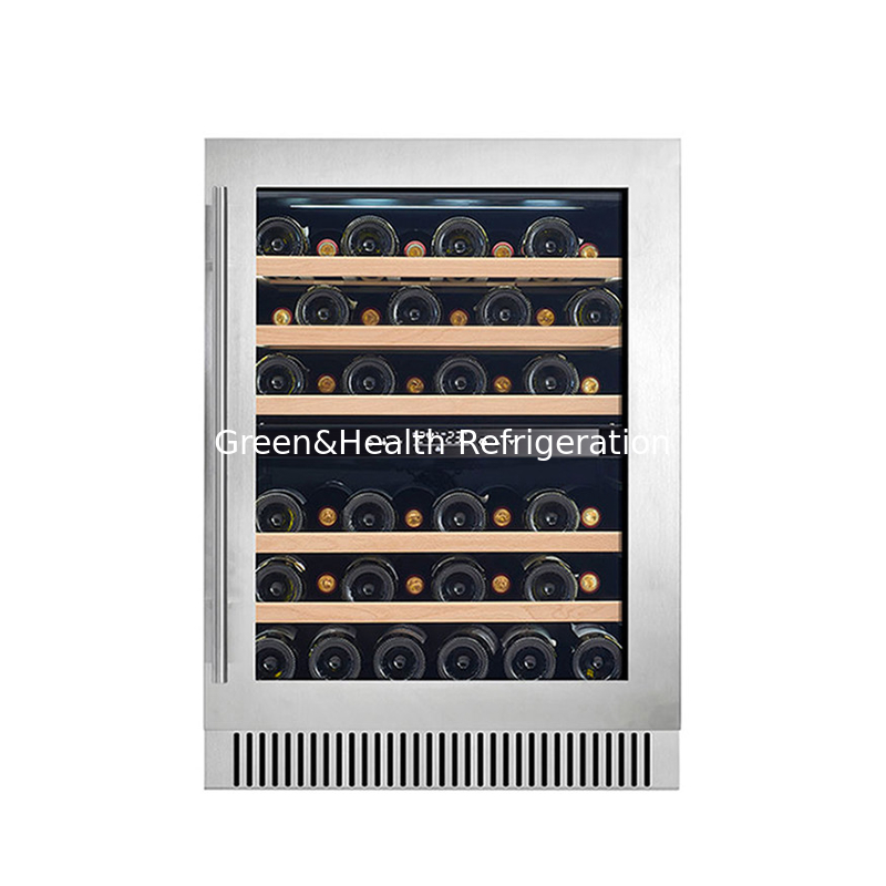 Refrigerador eléctrico de vino negro con estanterías de madera Refrigerador de pantalla de puerta de vidrio de doble zona