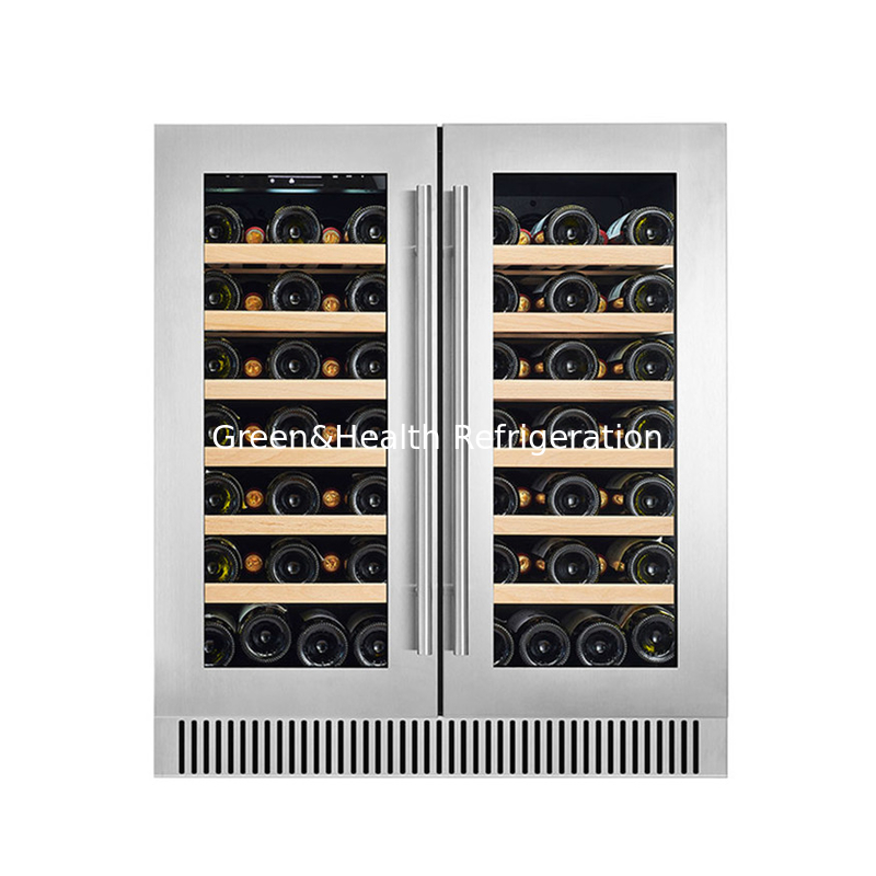Refrigerador eléctrico de vino negro con estanterías de madera Refrigerador de pantalla de puerta de vidrio de doble zona