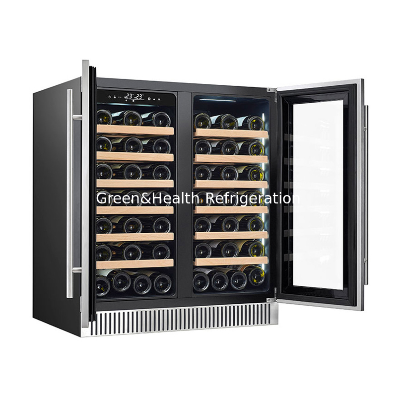 Refrigerador eléctrico de vino negro con estanterías de madera Refrigerador de pantalla de puerta de vidrio de doble zona
