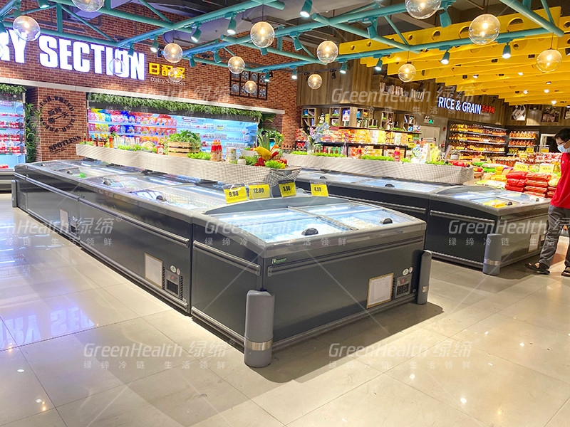 8 pies de gran supermercado Isla de visualización porta corredera de vidrio congelador para almacenamiento de pollo