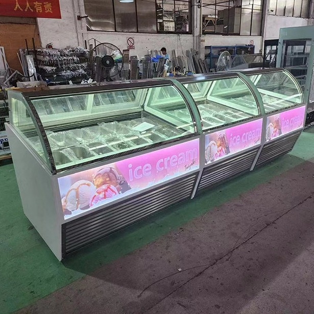 Tienda de helados Scoop Exhibición de helados Congelador Congelador con vidrio curvo