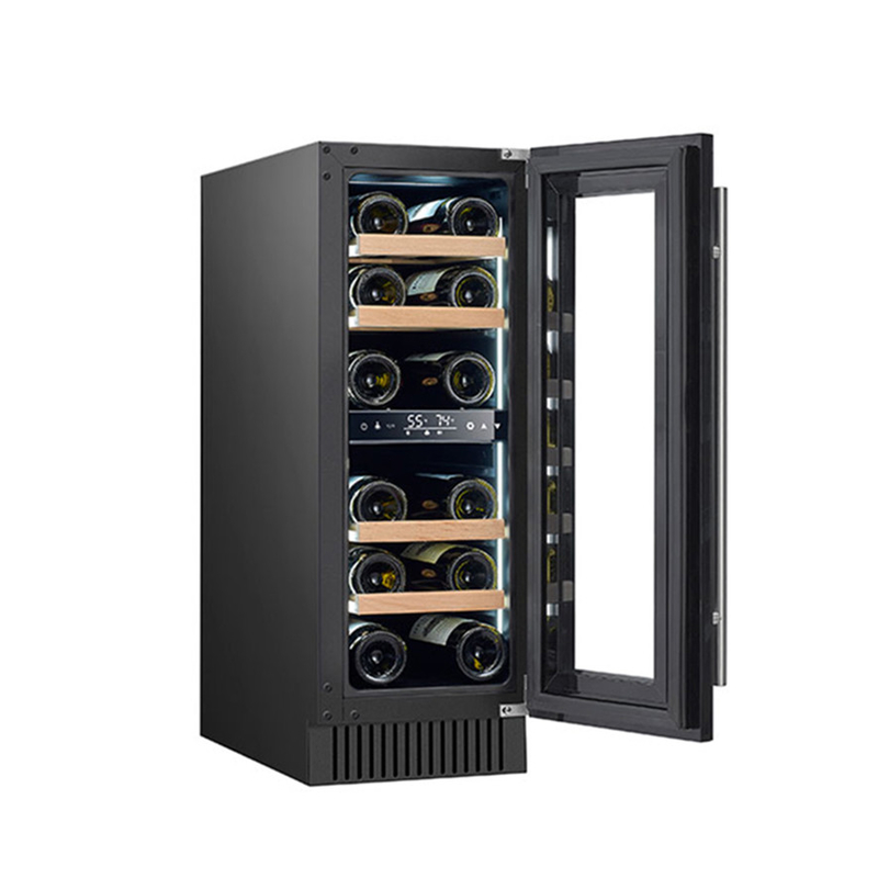 Refrigerador eléctrico de vino negro de 60 botellas con puertas de vidrio y estantes de madera