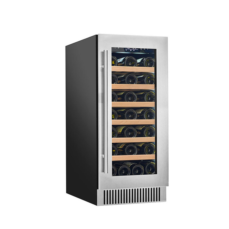 Refrigerador eléctrico de vino negro de 60 botellas con puertas de vidrio y estantes de madera