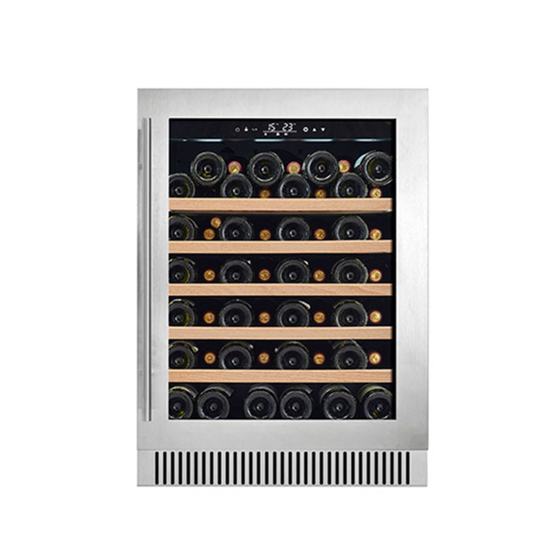 Refrigerador eléctrico de vino negro de 60 botellas con puertas de vidrio y estantes de madera