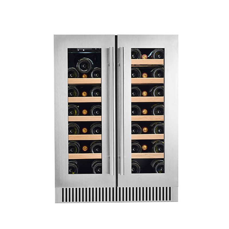 Refrigerador eléctrico de vino negro de 60 botellas con puertas de vidrio y estantes de madera