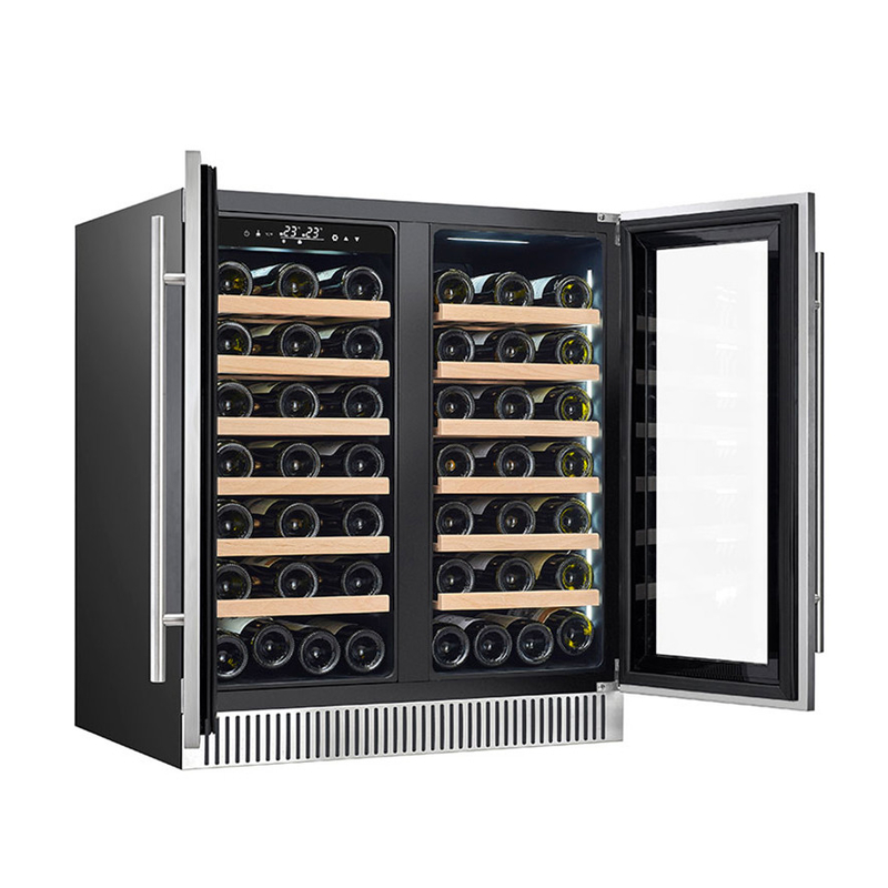 Refrigerador eléctrico de vino negro de 60 botellas con puertas de vidrio y estantes de madera