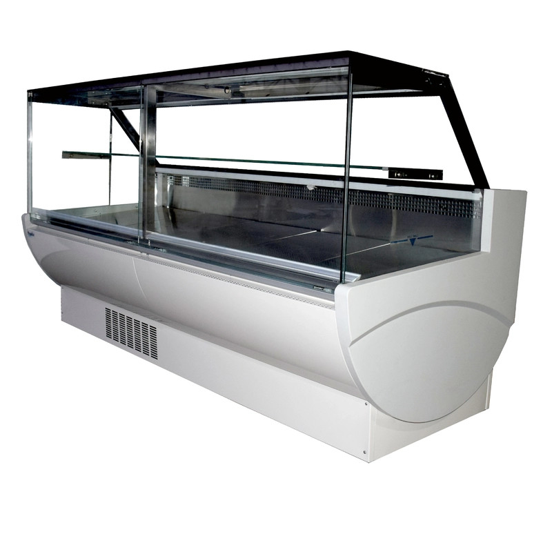 Refrigerador con pantalla de vidrio cuadrado con puerta abierta con rango de temperatura de 2-6 °C y rendimiento