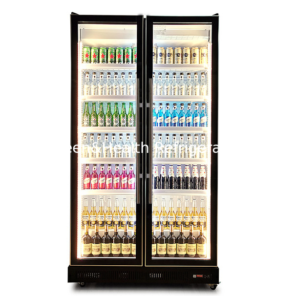 Muchas puertas, estantes de varias capas, luces de varios colores, refrigeradores de bebidas, exhibición, congelador.