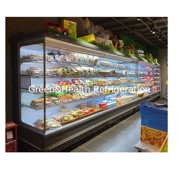Unidad exterior de estilo europeo congelador a cielo abierto con cortina para exhibir alimentos, verduras y frutas