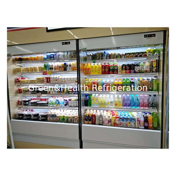 Las tiendas de conveniencia utilizan refrigeradores de vidrio transparente abierto de capas múltiples con cortina de aire pequeña