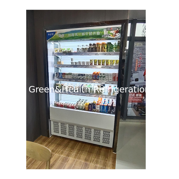 Las tiendas de conveniencia utilizan refrigeradores de vidrio transparente abierto de capas múltiples con cortina de aire pequeña