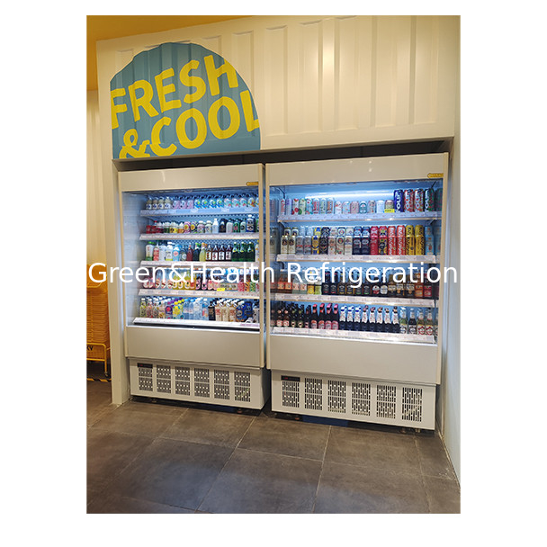 Las tiendas de conveniencia utilizan refrigeradores de vidrio transparente abierto de capas múltiples con cortina de aire pequeña
