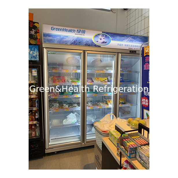 Tres puertas de vidrio en la unidad superior de visualización congelador para productos congelados a baja temperatura