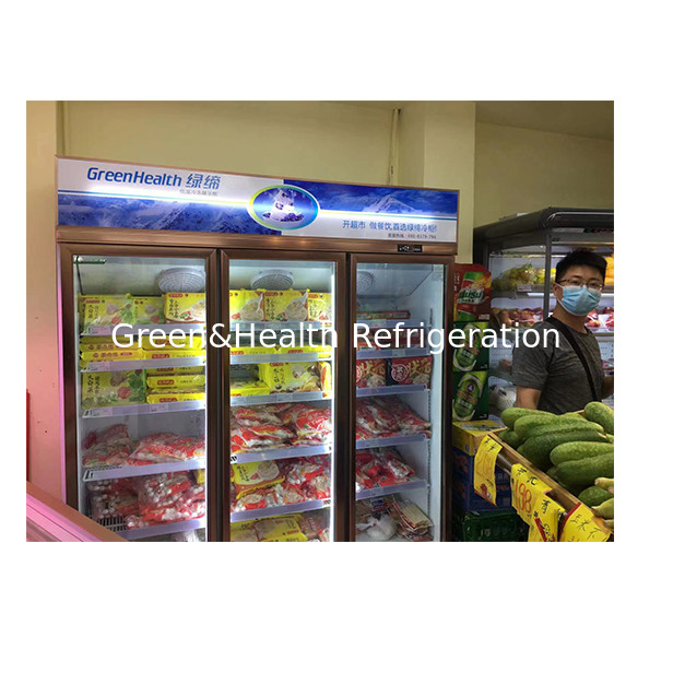 Tres puertas de vidrio en la unidad superior de visualización congelador para productos congelados a baja temperatura