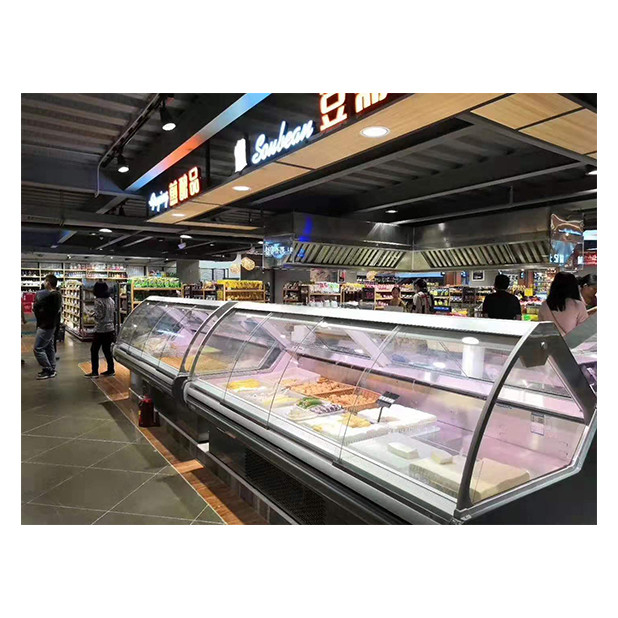 Unidad inferior de vidrio transparente curvado Refrigerador y congelador de alimentos cocidos Refrigerador de alimentos cocidos