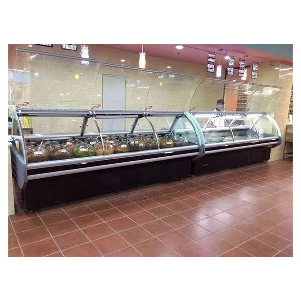 Unidad inferior de vidrio transparente curvado Refrigerador y congelador de alimentos cocidos Refrigerador de alimentos cocidos