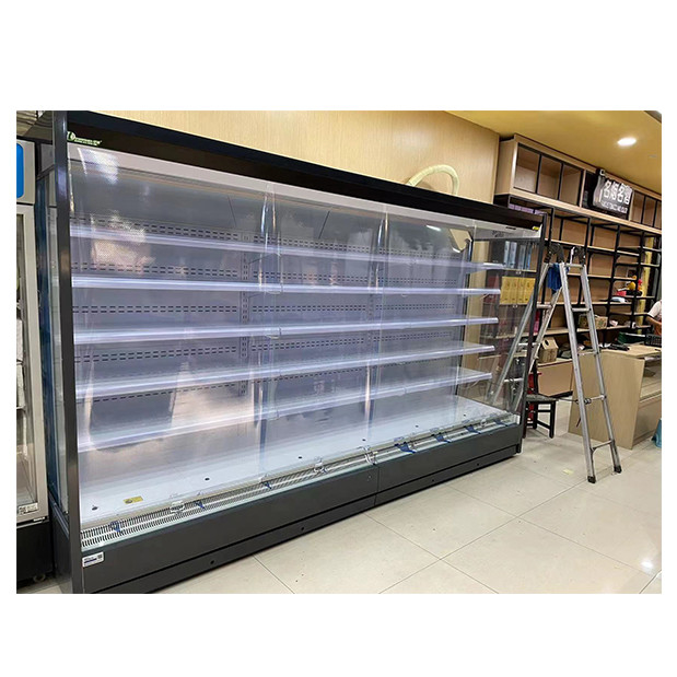 Alta calidad Comercial de ángulo derecho de cinco capas Estante abierto Almacenamiento de alimentos Aire cortina gabinete congelador