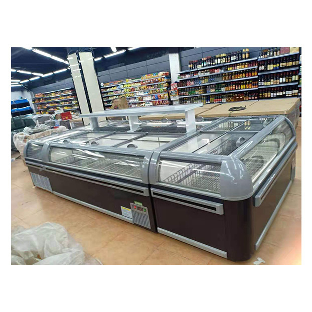 Supermercado comercial Puerta corredera horizontal grande Display refrigerado de alta calidad Insular gabinete congelador