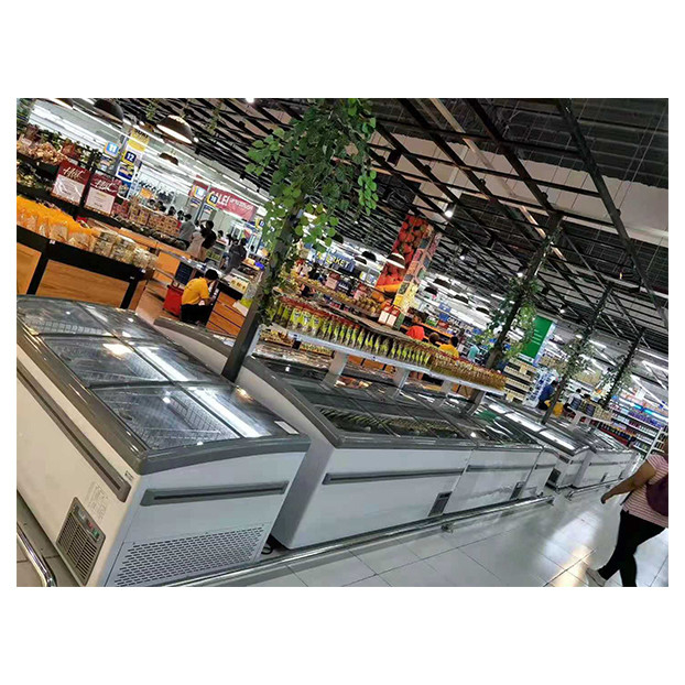 Supermercado comercial Puerta corredera horizontal grande Display refrigerado de alta calidad Insular gabinete congelador