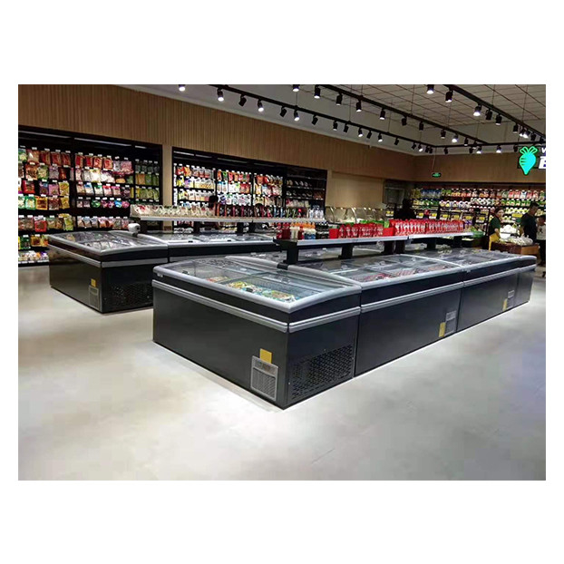 Supermercado comercial Puerta corredera horizontal grande Display refrigerado de alta calidad Insular gabinete congelador