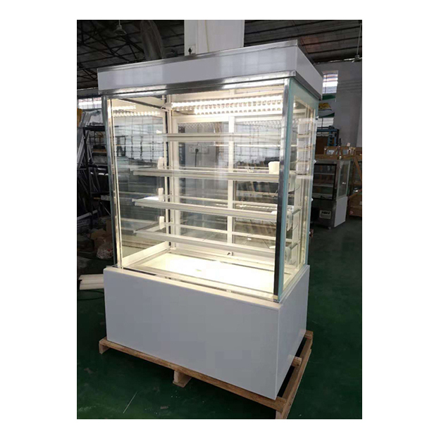 Blanco/Negro Ángulo recto Estante multicapa de vidrio de acero inoxidable Display de refrigeración de pastel congelador