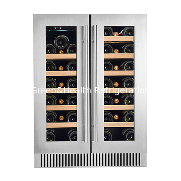68 Botellas Dos puertas de vidrio Dos zonas de temperatura independientes Estantes de madera de roble Almacenamiento de vino tinto Congelador refrigerado