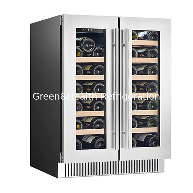 Certificado ETL 68 Botellas Dos puertas de vidrio Dos zonas de temperatura independientes Estantes de madera de roble Almacenamiento de vino rojo Congelador refrigerado