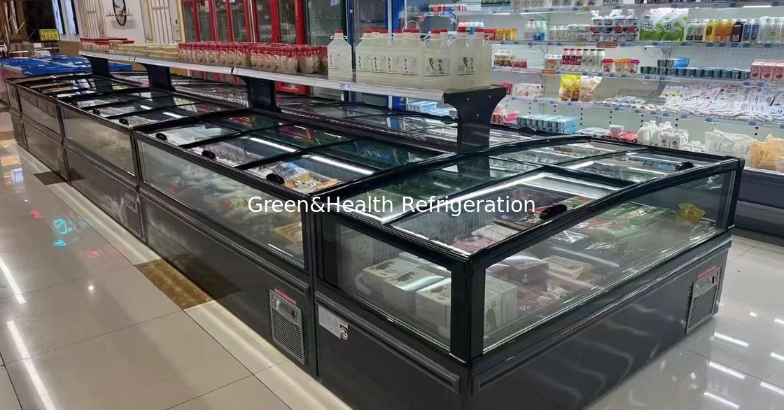 -22 grados Exhibición de carne de pescado congelado Merchandiser Insular de congelación para supermercado