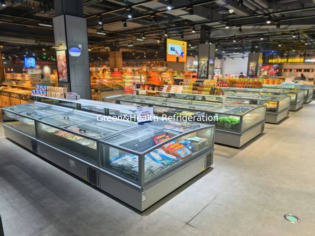 Congelador panorámico de isla para supermercado, congelador de vidrio, congelador de isla con descongelación automática y iluminación LED