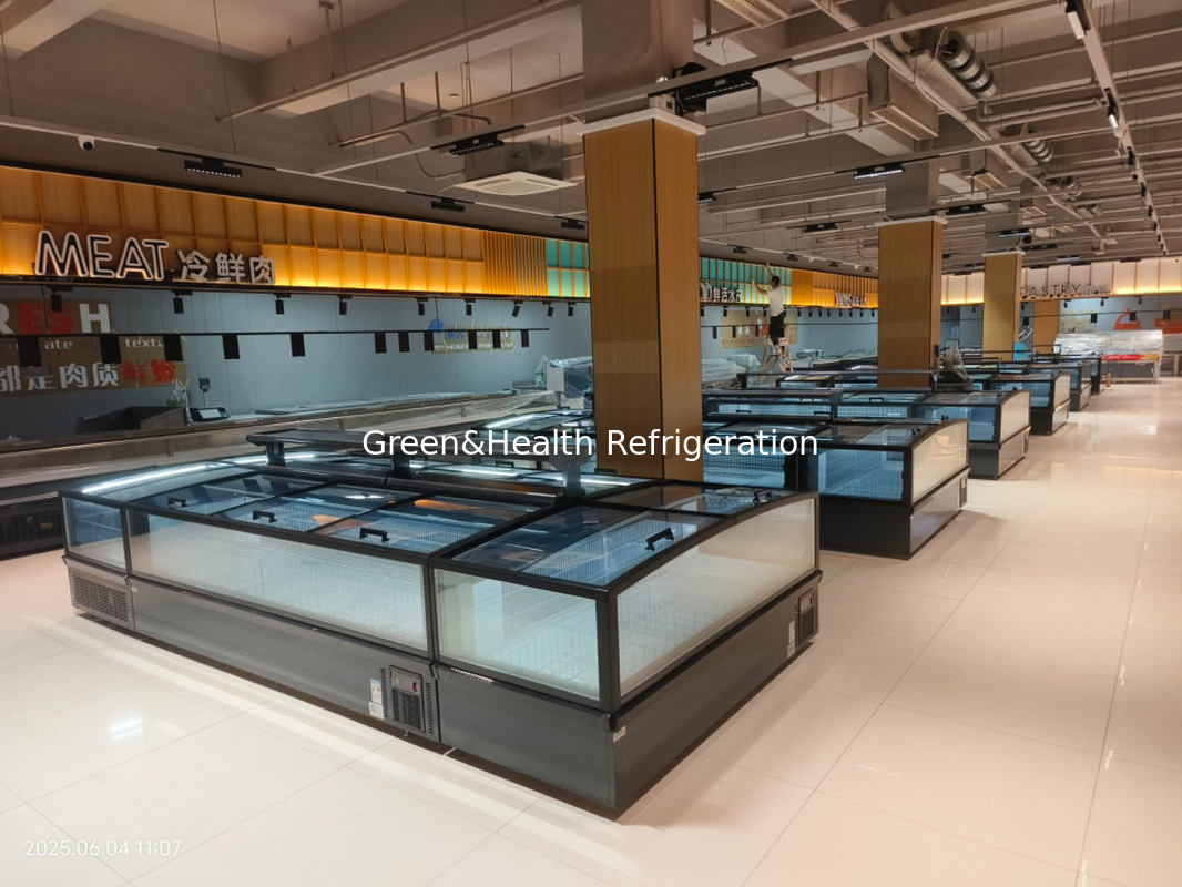 Puerta de vidrio panorámica corrediza Congelador de isla de supermercado Gran capacidad Congelador de cofre para exhibición de alimentos congelados