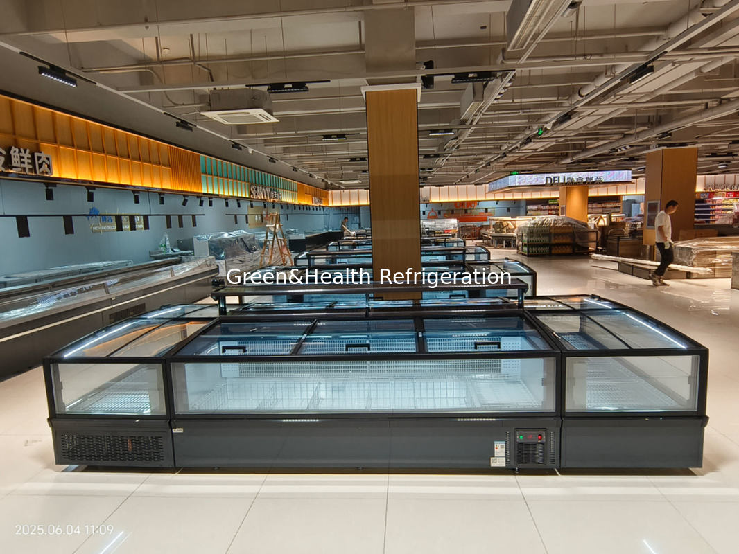 Puerta de vidrio panorámica corrediza Congelador de isla de supermercado Gran capacidad Congelador de cofre para exhibición de alimentos congelados