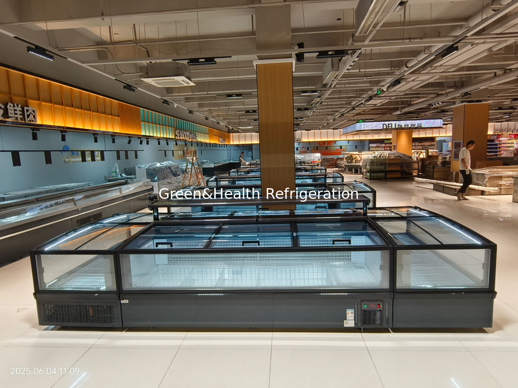 Congelador panorámico de isla para supermercado, congelador de vidrio, congelador de isla con descongelación automática y iluminación LED