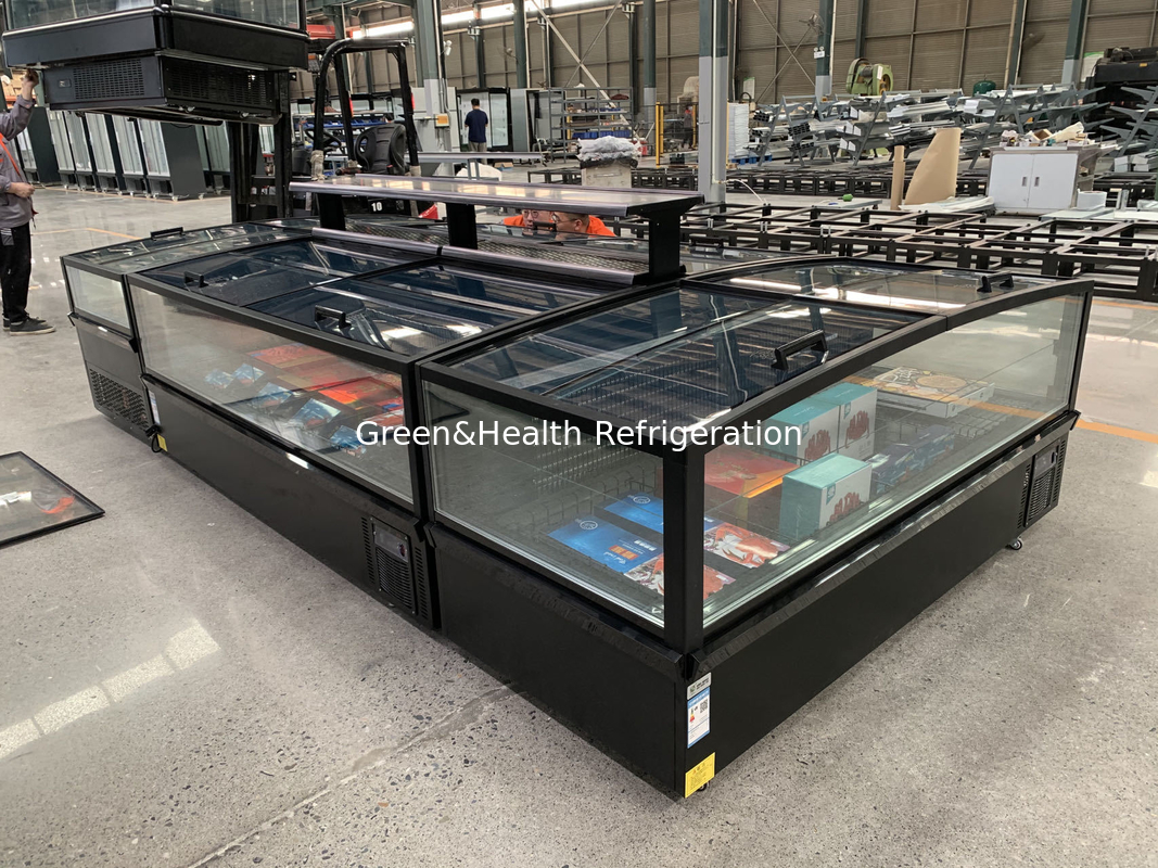 Freezer de isla comercial de enfriamiento directo de alta eficiencia. Freezer de pantalla de supermercado de descongelación automática con iluminación LED.