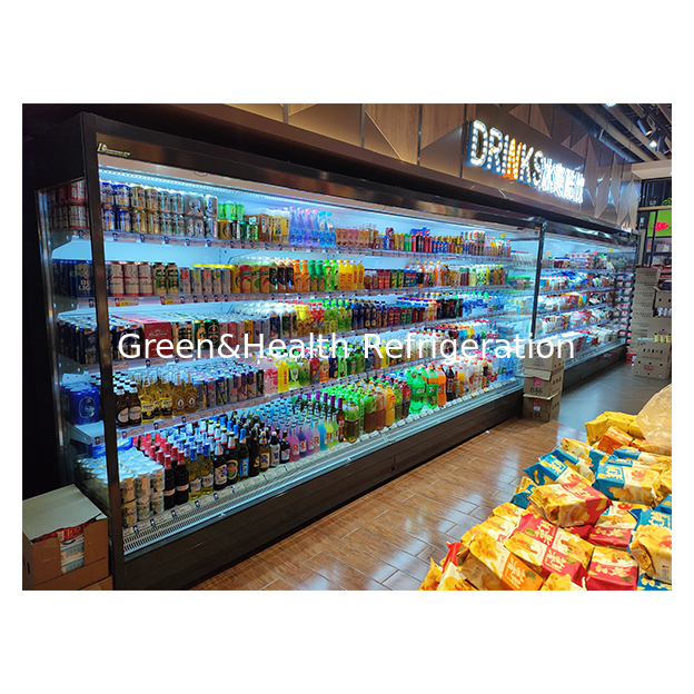 Refrigerador de almacenamiento de supermercado/tienda de frutas/verduras/bebidas, congelador de gabinete abierto en ángulo recto