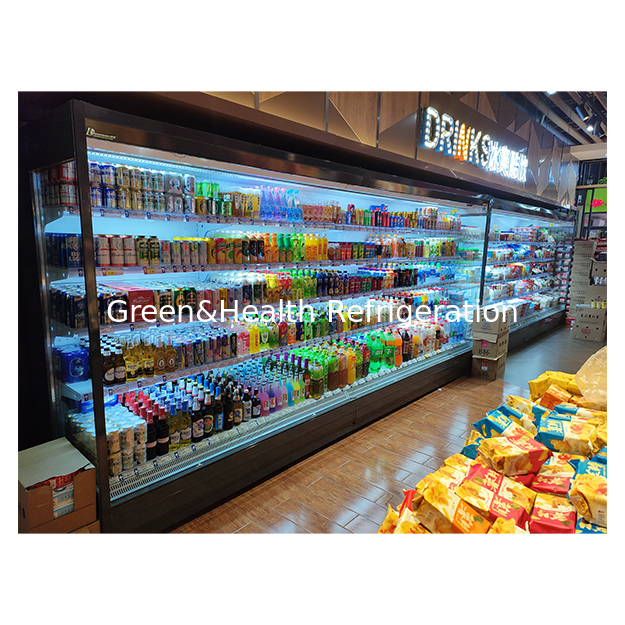Congelador abierto refrigerado para supermercado de cinco pisos y ángulo recto para frutas/verduras/leche