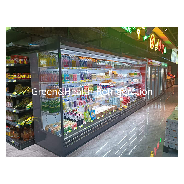 Congelador abierto refrigerado para supermercado de cinco pisos y ángulo recto para frutas/verduras/leche