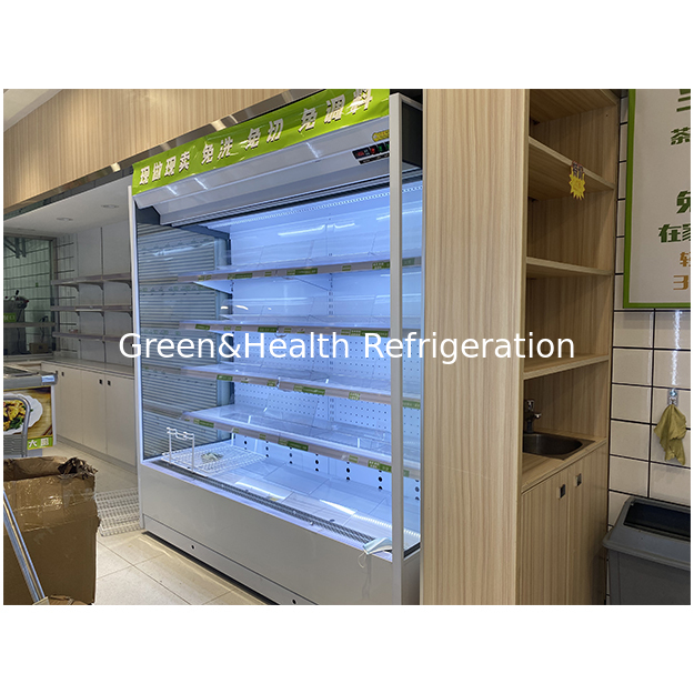 Congelador abierto refrigerado para almacenamiento de frutas/verduras/leche con estructura de acero inoxidable y vidrio de cinco capas en ángulo recto