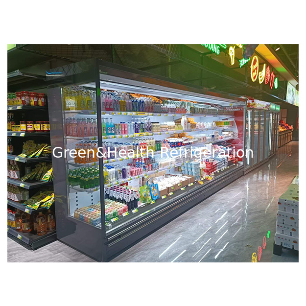 Congelador abierto refrigerado para almacenamiento de frutas/verduras/leche con estructura de acero inoxidable y vidrio de cinco capas en ángulo recto