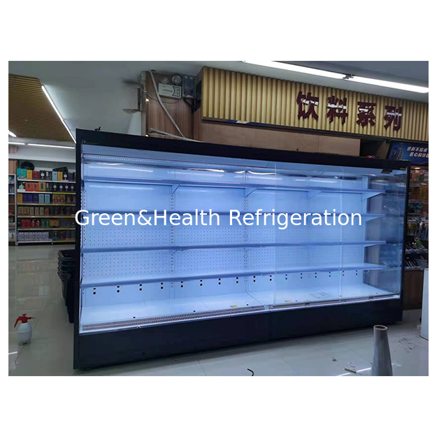 Congelador abierto refrigerado para almacenamiento de frutas/verduras/leche con estructura de acero inoxidable y vidrio de cinco capas en ángulo recto