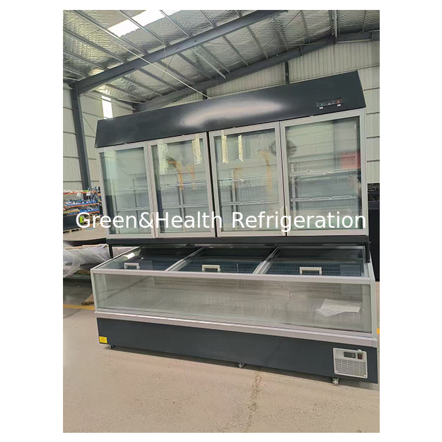 Gabinete de exhibición tipo isla para supermercados con refrigeración en la parte superior y congelación en la parte inferior