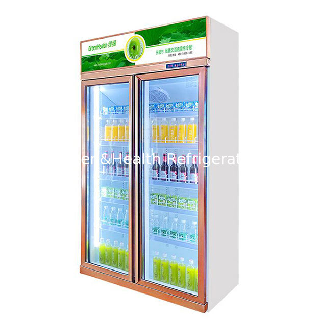 Comerciante vertical de dos puertas de vidrio desembarazador de bebidas congelador con ventilador de descongelamiento automático y estantes ajustables